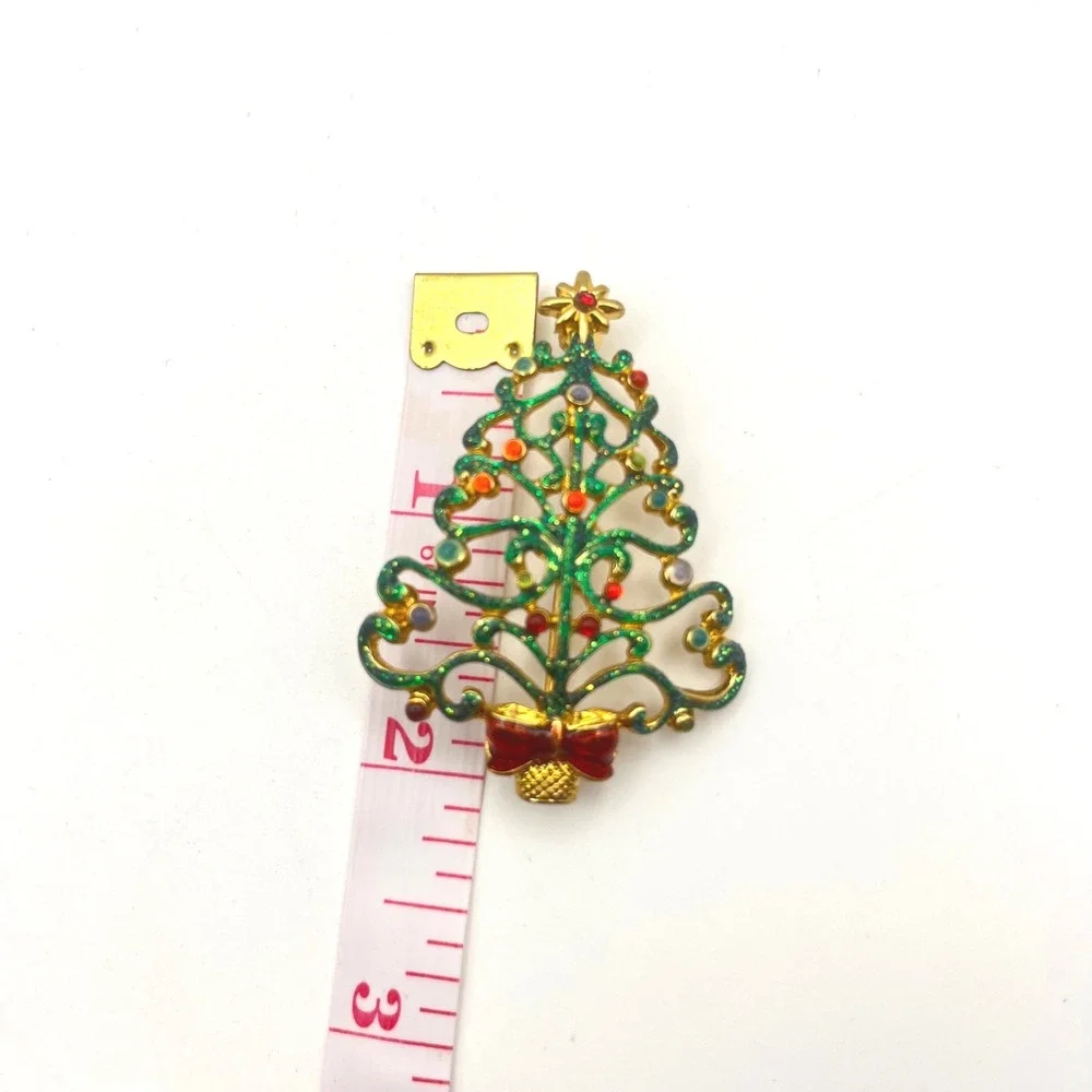 Christopher Radko Christmas Tree Brooch Gold Tone Green Glitter Rhinestone Pin - Picture 3 of 5